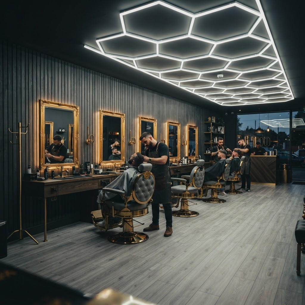 The interior of Sully Cutz barbershop with its signature hexagon LED ceiling and gold barber chairs